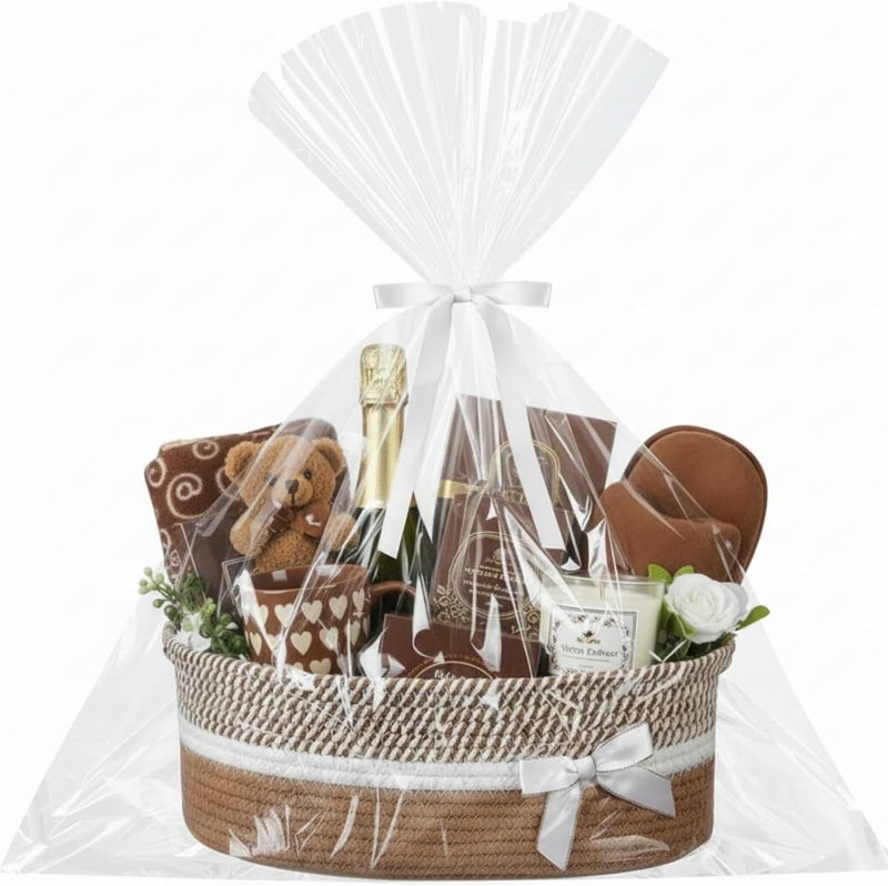 Colingmill Valentine Woven Gift Basket Empty with Ribbons Bow Tie and Bag, Valentine's Day Empty Decorative Chest Box, Woven Rope Storage with Handles Home Decor(14 x 10 x 5.5 Inch,Khaki White) - Image 1